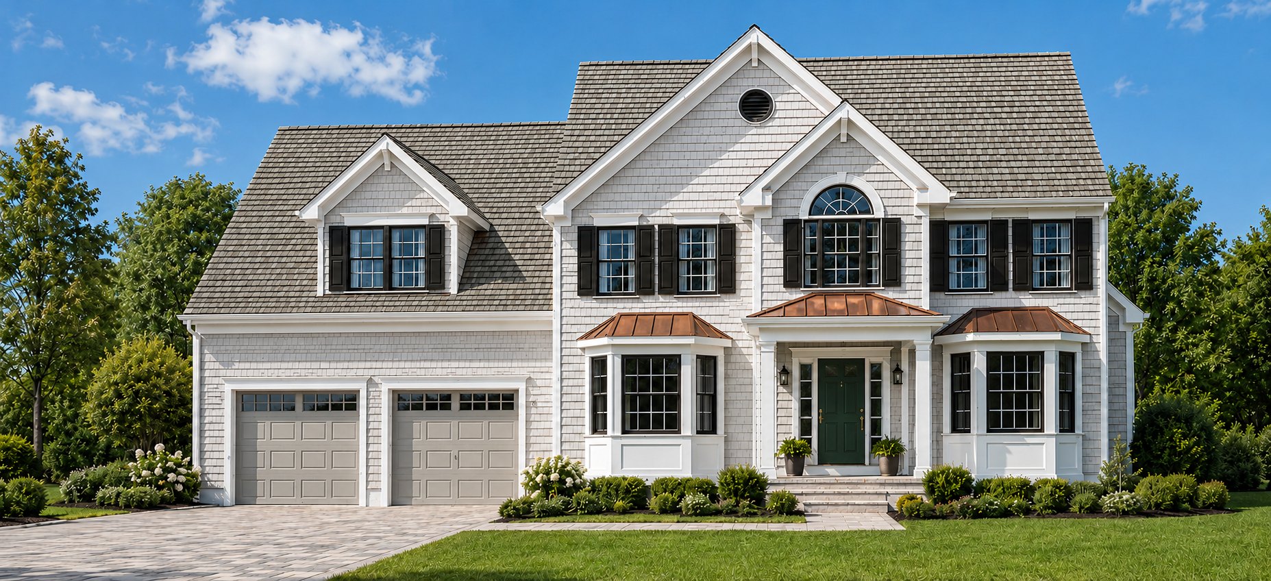 Residence Two at The Harbor Ridge, Cohasset. Shingle-style residence with copper bay roofs.
