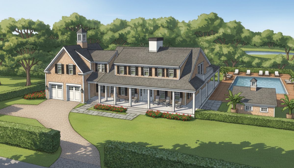 153 Sesuit Neck Road, South Dennis. Architectural rendering of the coastal residence.
